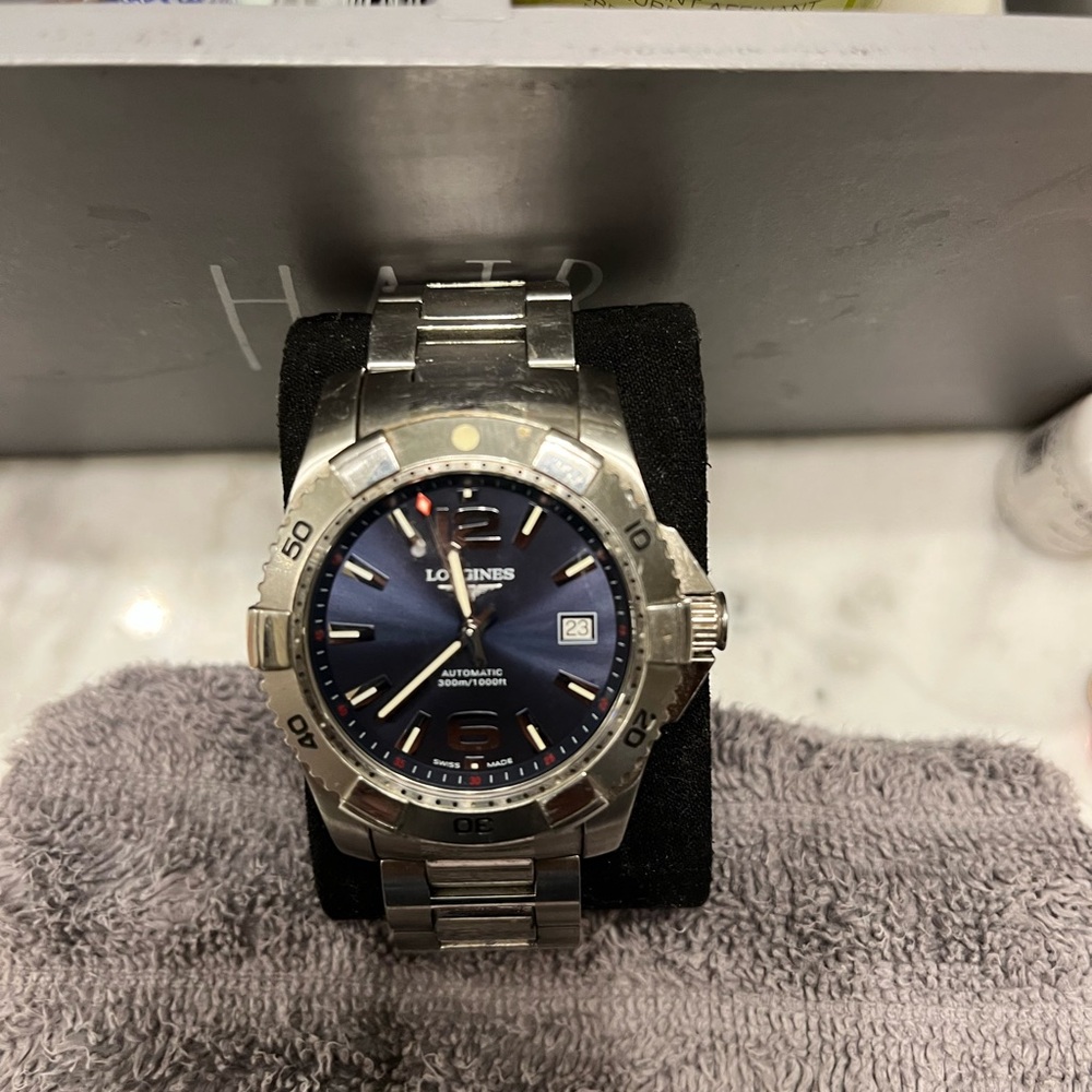 Longines Silver Watch with Deep Blue Dial